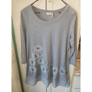 NEW LOGO Women's Cotton Embellished Light Slate Blue 3/4 Sleeve Top‎  Size S